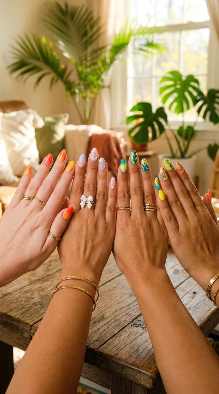 Four hands showing tropicoqueta nails citrus, pastel, bow and palm looks