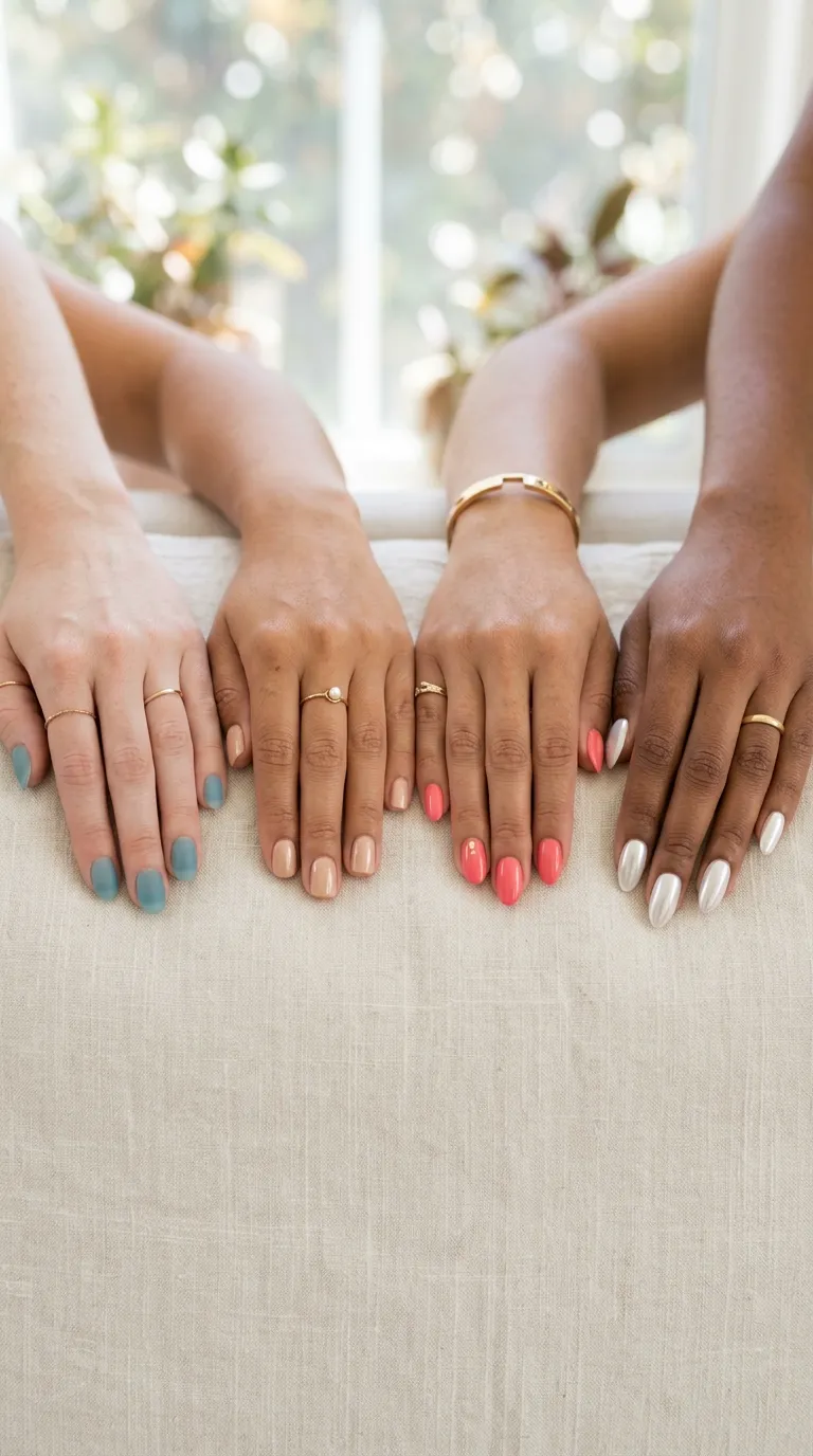 Four hands showing the sea glass, sandy, coral and chrome surfside nails color families