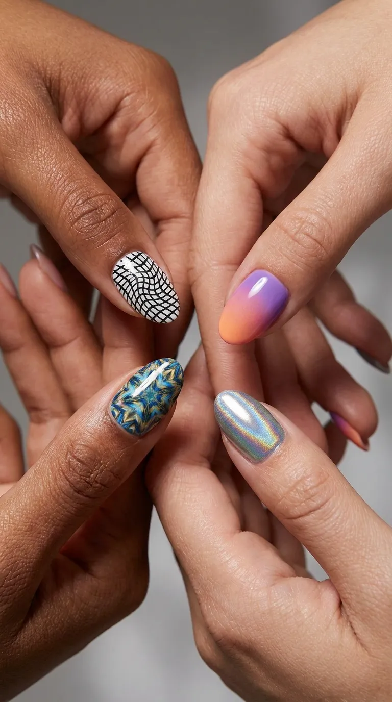 Four hands showing Tame Impala nails grid, gradient, kaleidoscope and chrome looks
