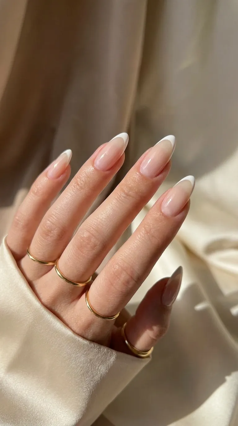 Fine line French tip on almond nails