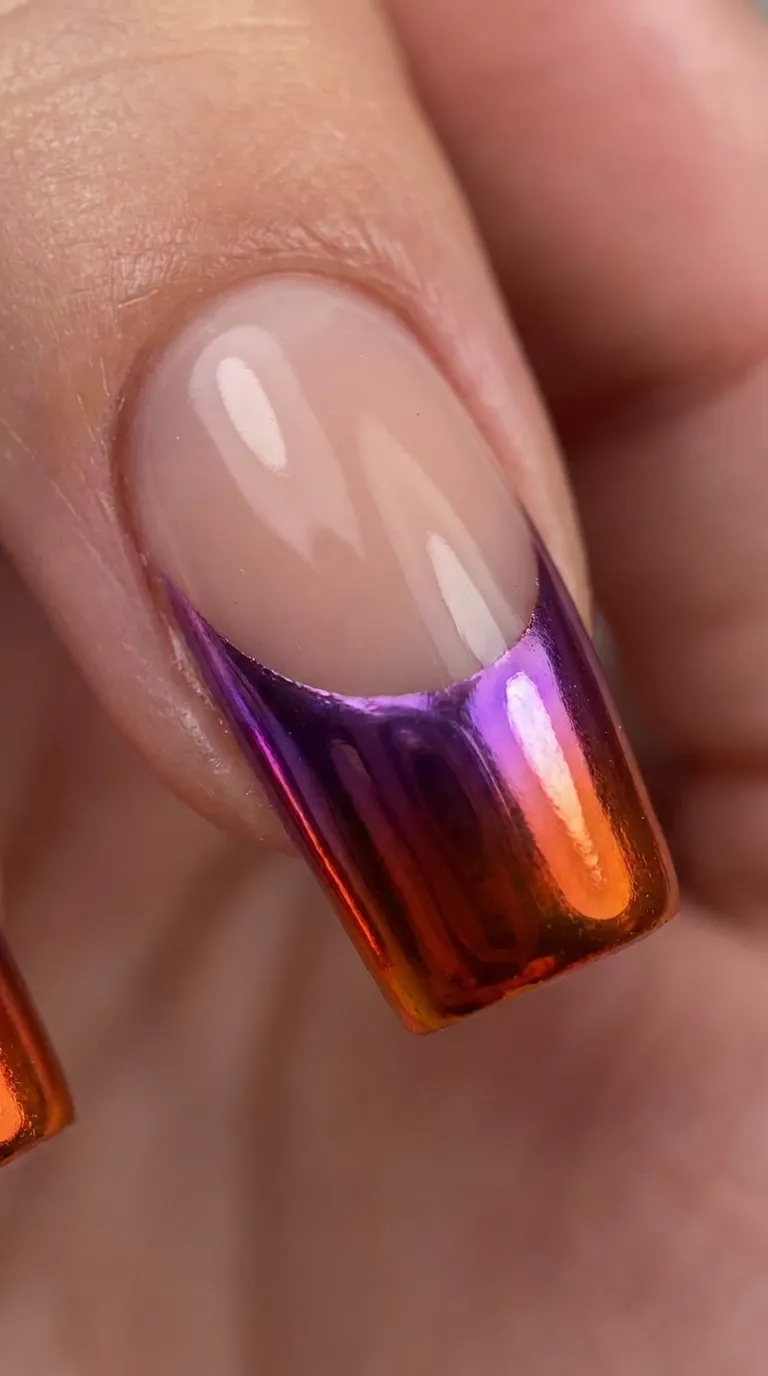 Sunset chrome French tip Tame Impala nails in purple and orange