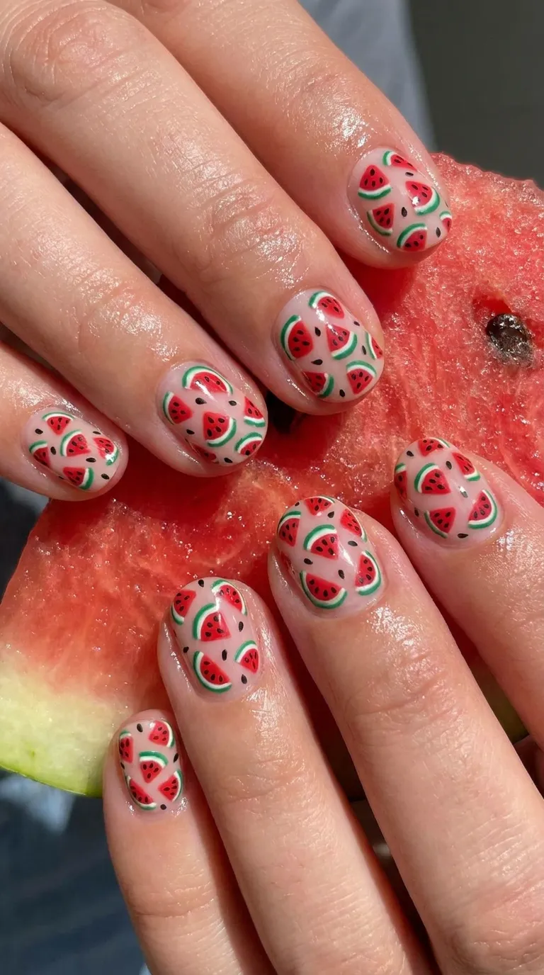 Fruit motif nail art with tiny watermelon slices