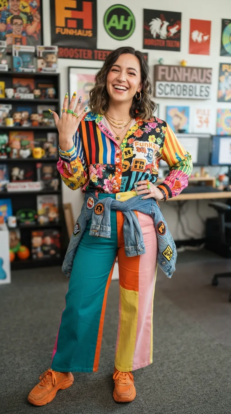 FunHaus nails paired with colorful outfit