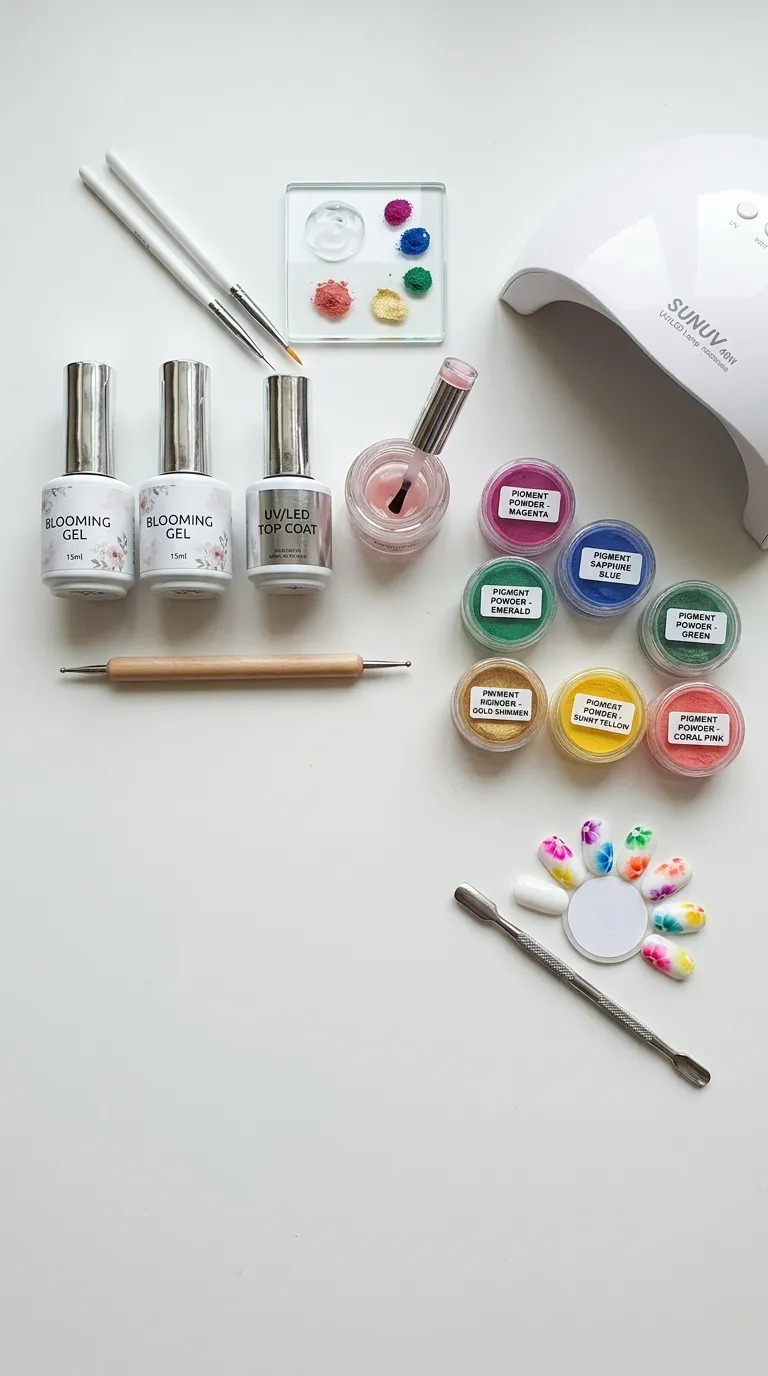 blooming gel nails supplies flat lay