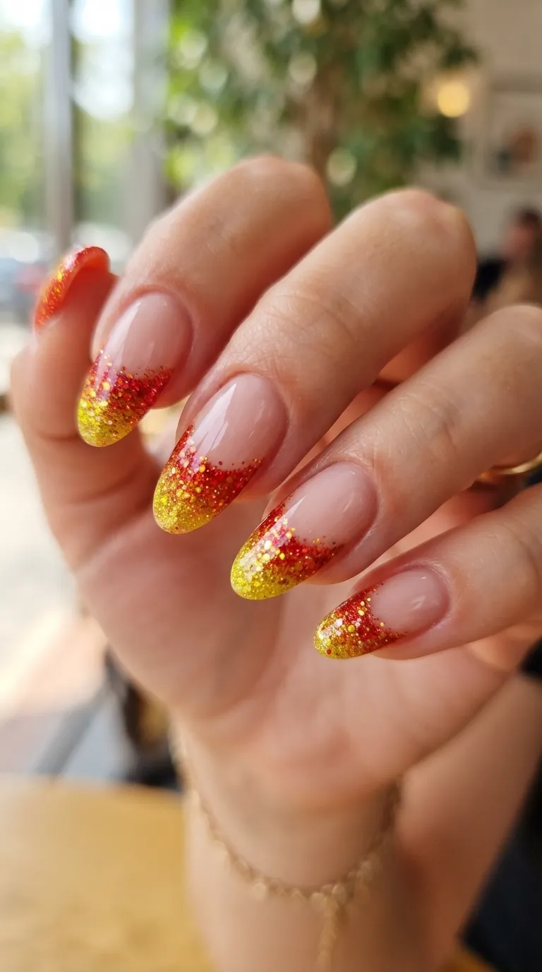 Glitter flag French tip Spain nails in red and yellow
