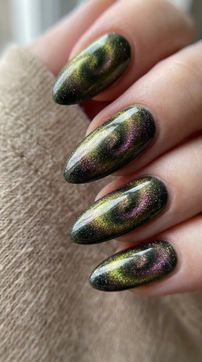 Close-up of cat eye magnetic gel nails catching light at an angle showing the signature light-band shimmer
