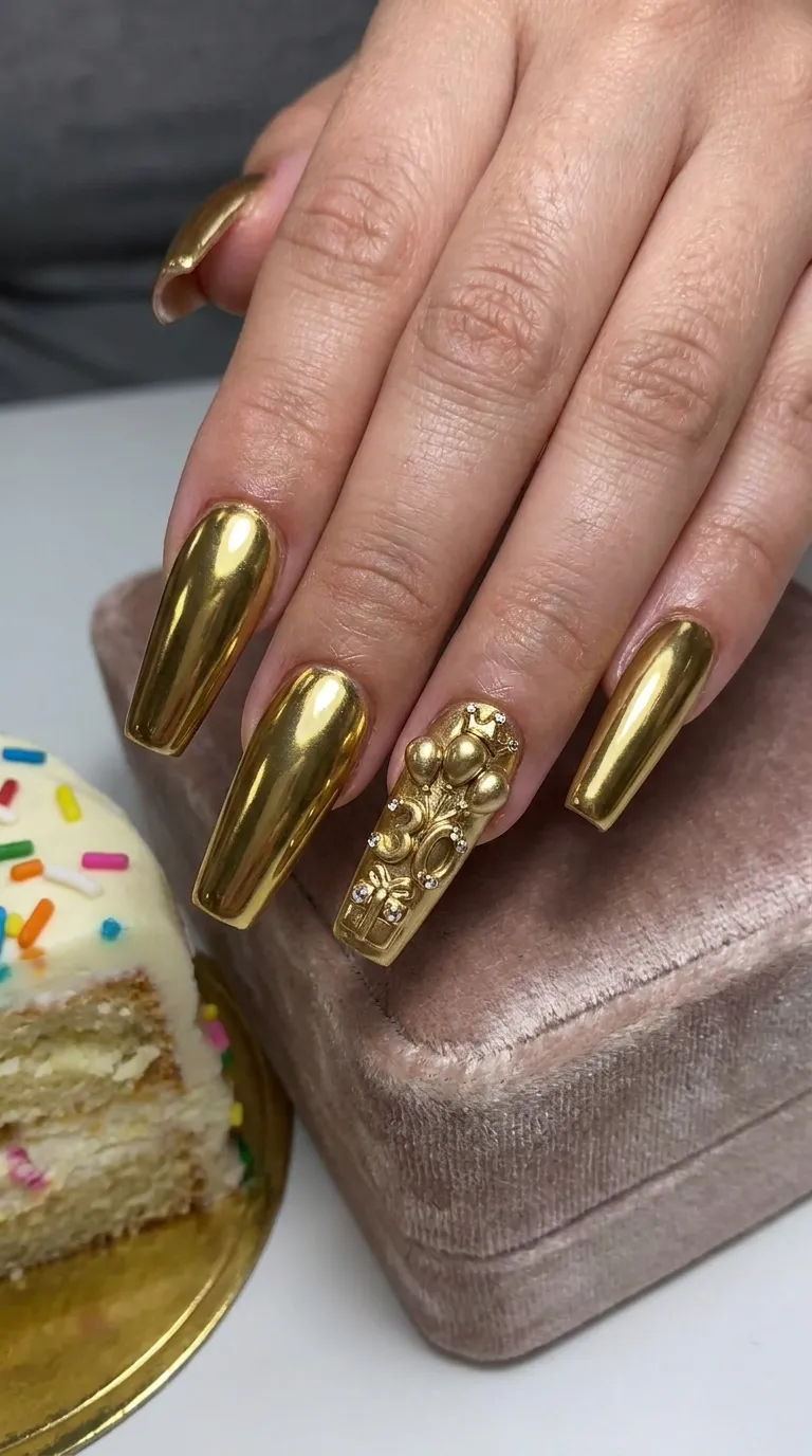 Full gold chrome birthday nail set with 3D accent