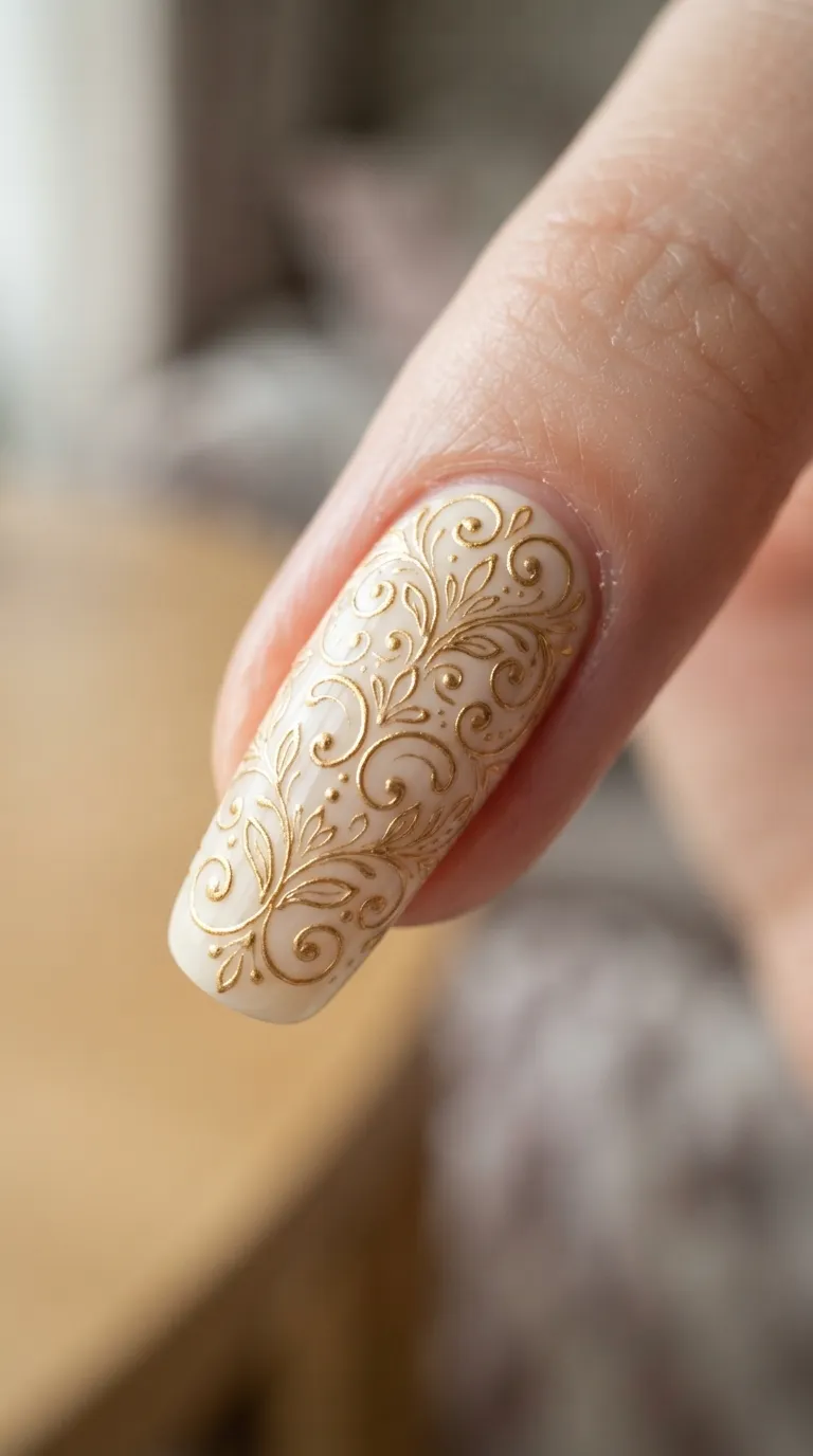 Gold filigree accent Spain nail on a cream base