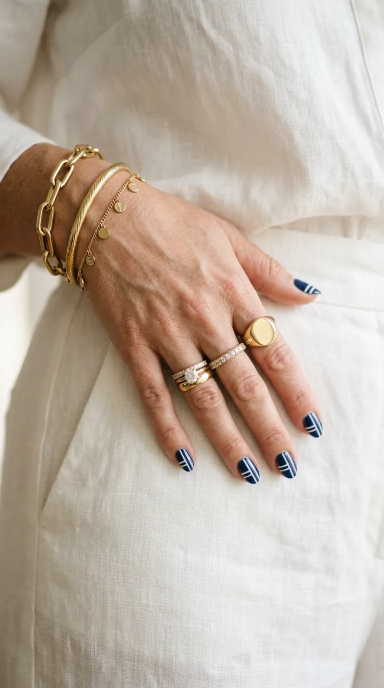 french riviera nails with gold jewelry
