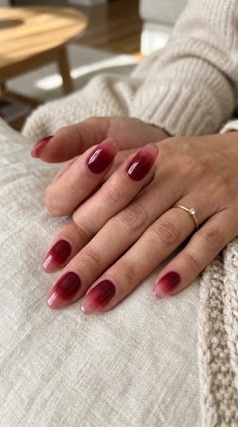 Gradient cherry jelly nails on almond shape