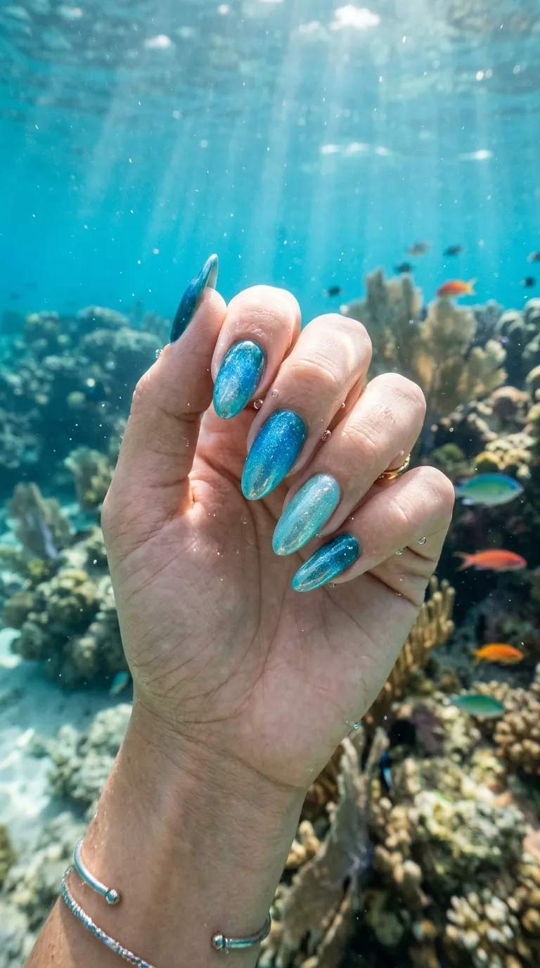 Underwater gradient nails with a light-through-water effect