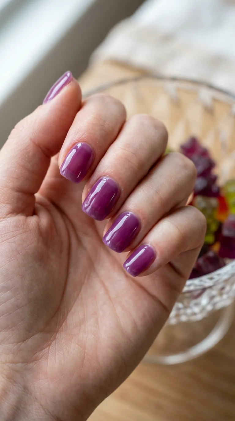 Grape purple gummy nails close-up