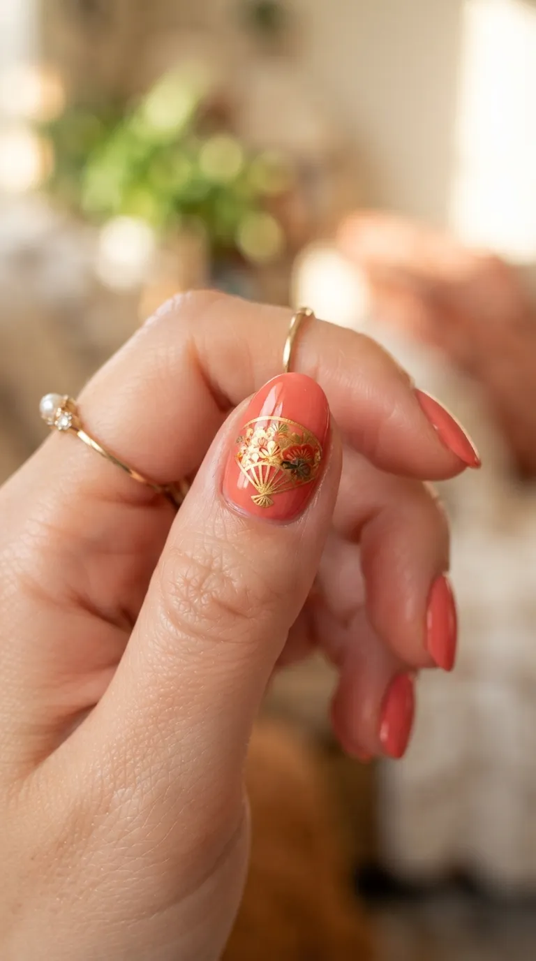 Fan-painted coral accent Spain nail, flamenco-inspired