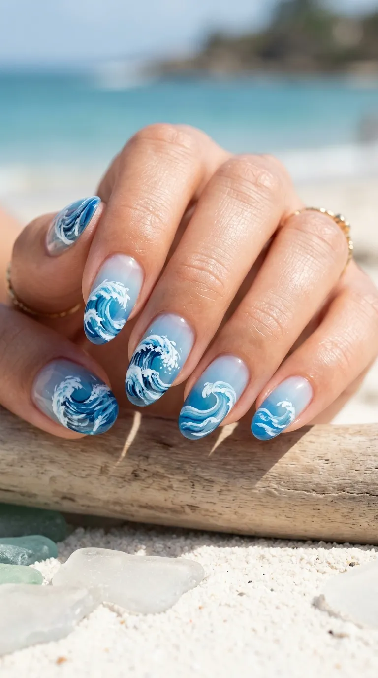 Hand-painted wave art over a sheer jelly base