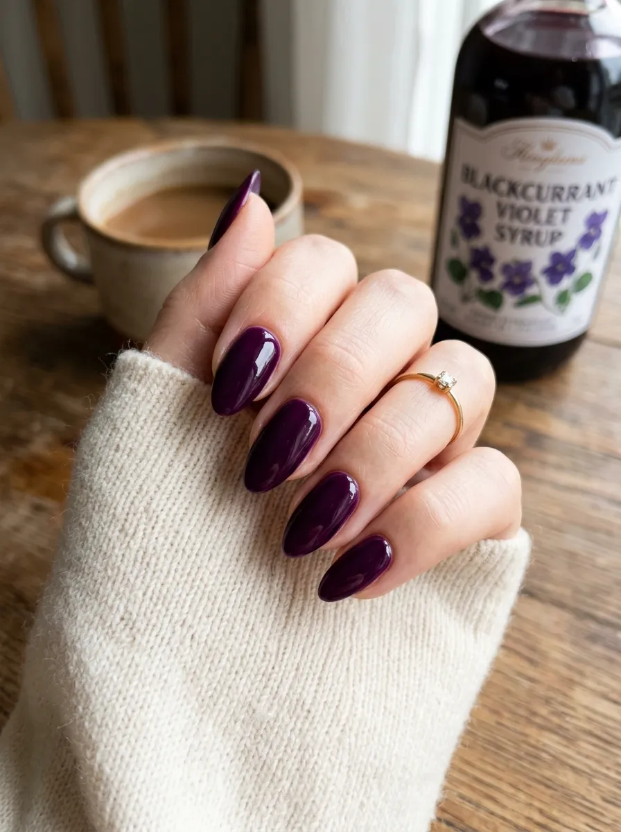 blackcurrant violet syrup nails almond shape