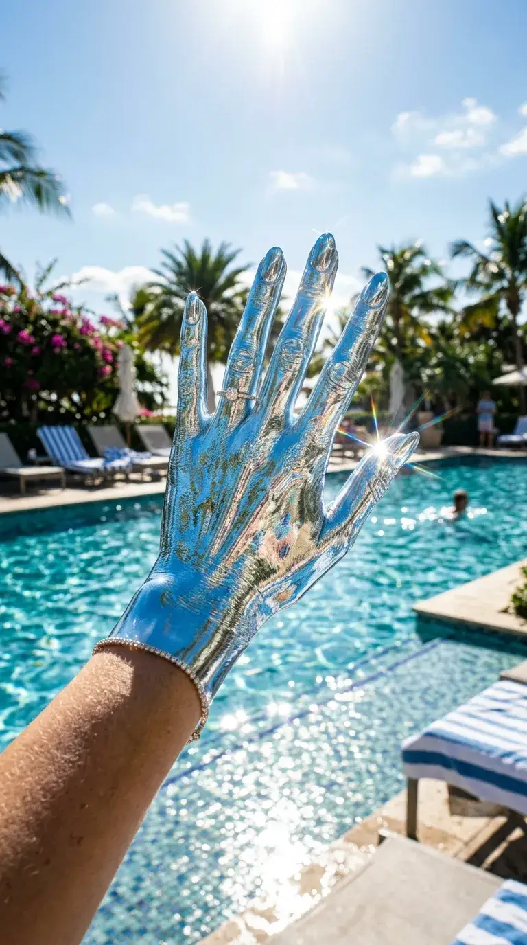 Hand with icy blue chrome nails catching sunlight poolside