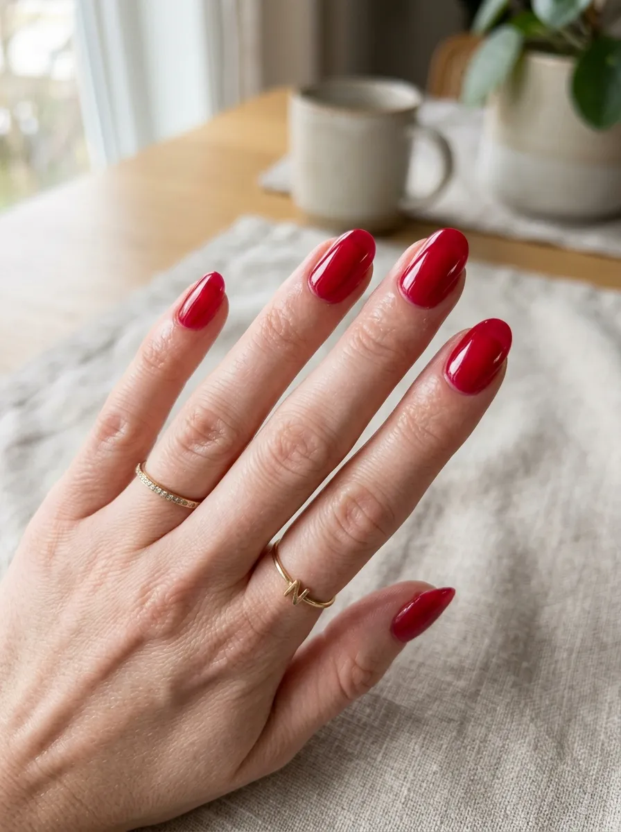 cherry red syrup nails glossy manicure