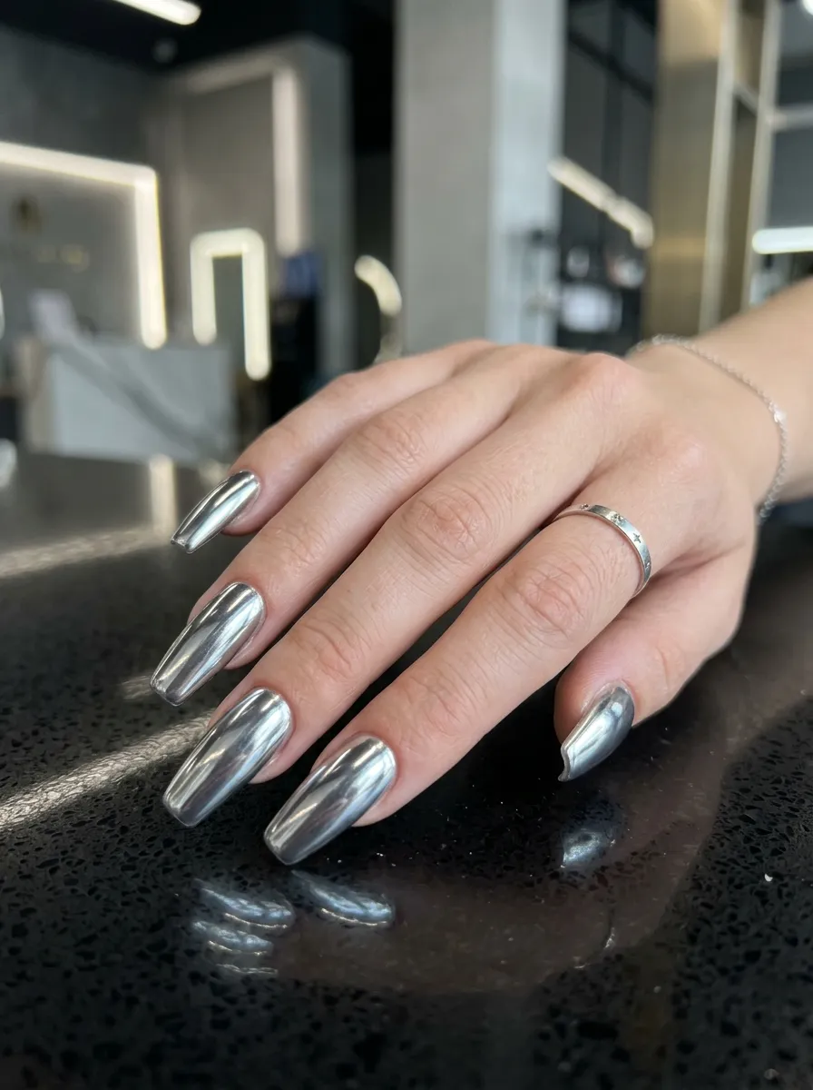 cyber silver chrome alien core nails intergalactic