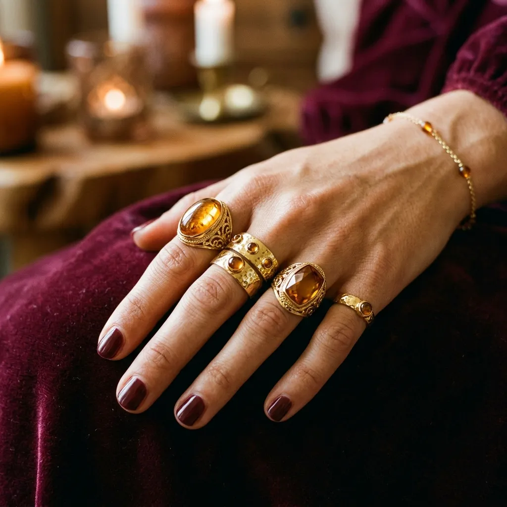 gold chrome bangle nails amber stones