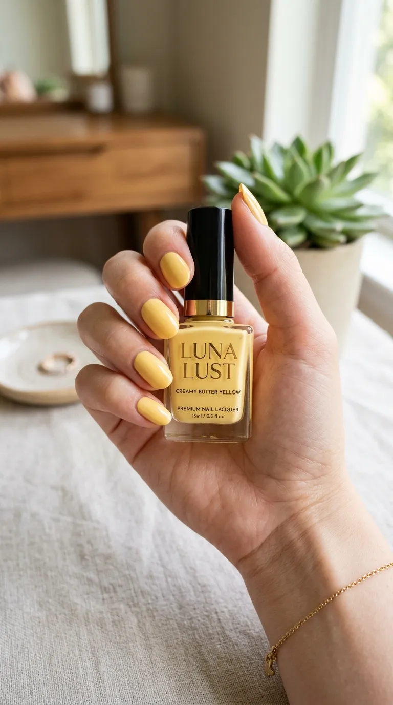Hand holding butter yellow nail polish bottle