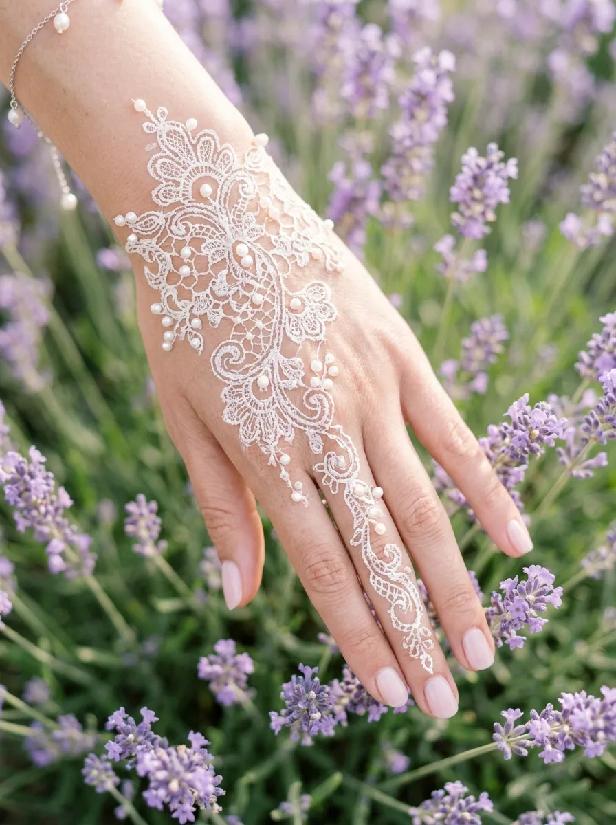 dusty lavender doily nails pearl accent