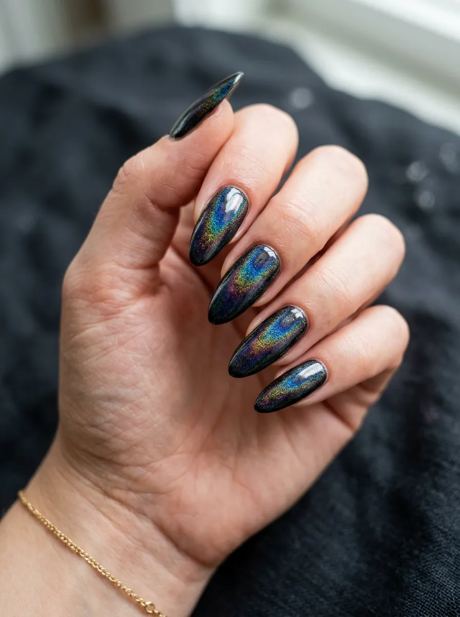 oil slick black alien core nails holographic