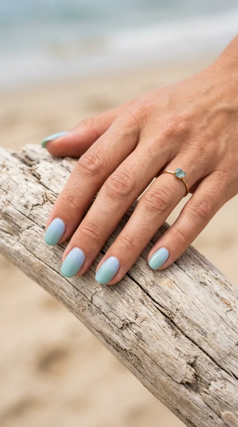 Sea-glass blue-to-green ombre surfside nails on a hand resting on driftwood