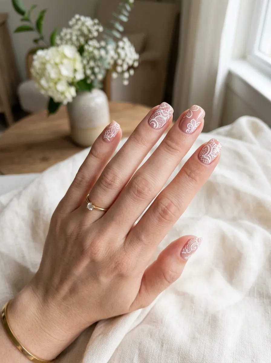 nude pink doily nails lace pattern manicure