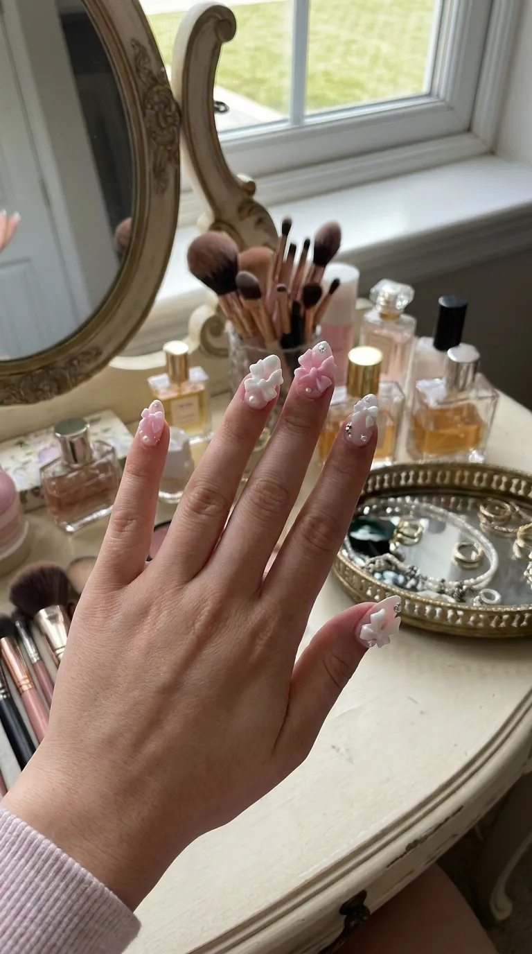 Hand with 3D bow nails