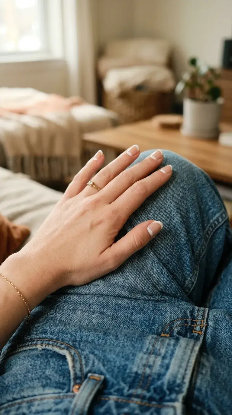 Hand with reverse French manicure over denim