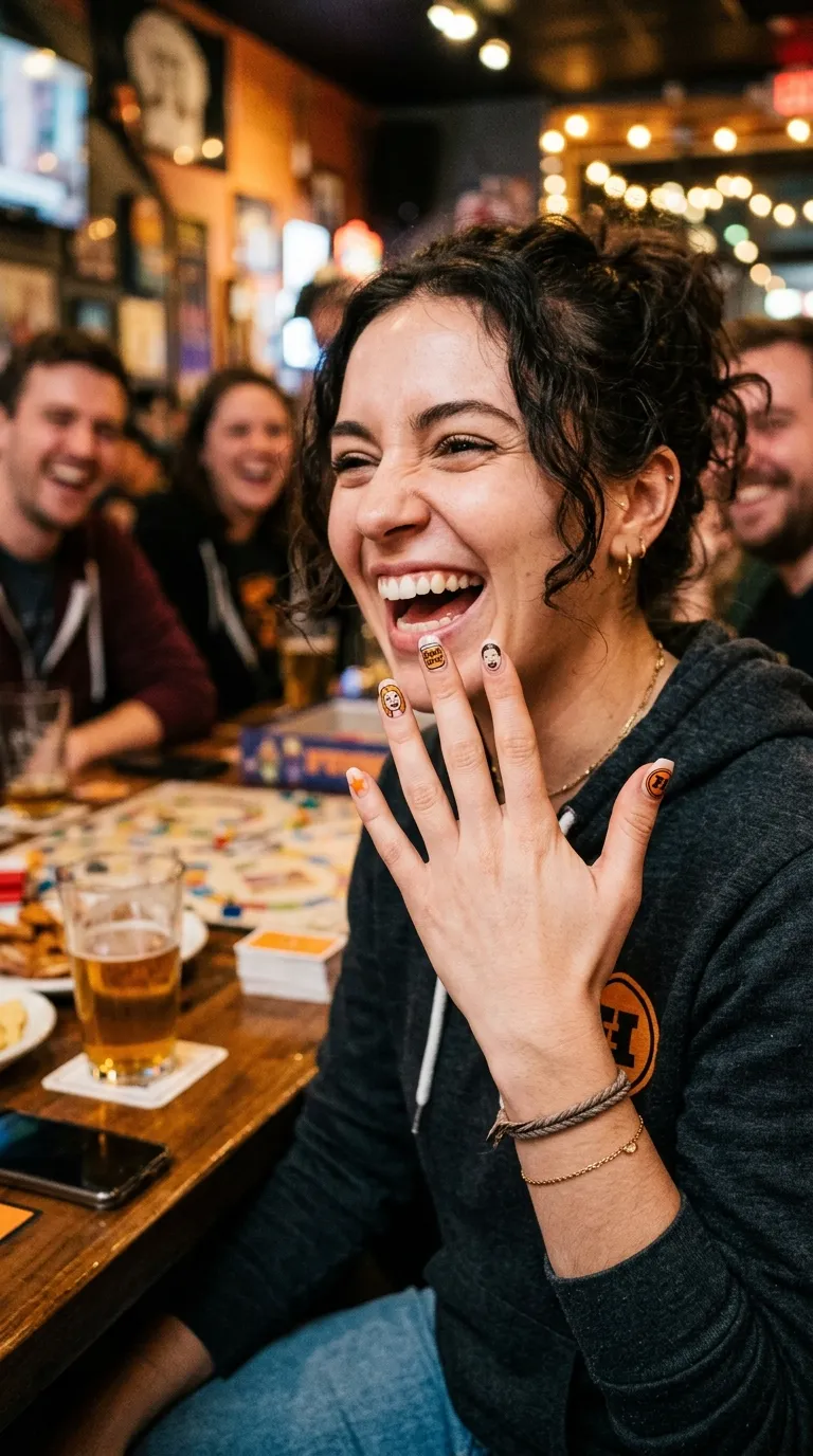 Hand with FunHaus nails mid-laugh