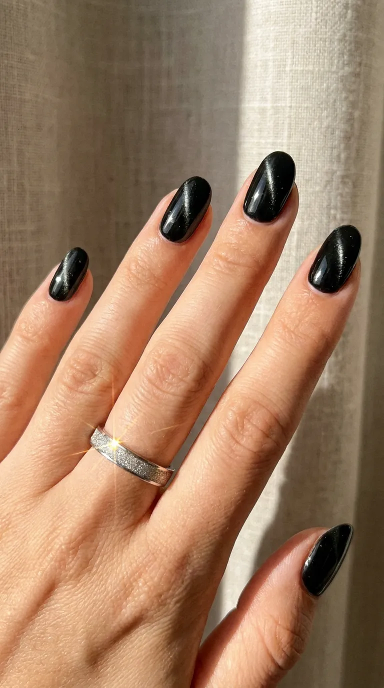 Jet black cat eye nails with silver magnetic shimmer creating a luxurious galaxy-inspired manicure