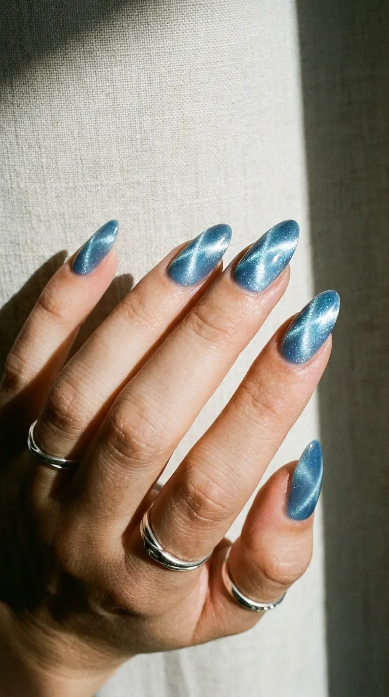 Luxury icy blue cat eye nails with magnetic shimmer and glossy almond-shaped gel manicure