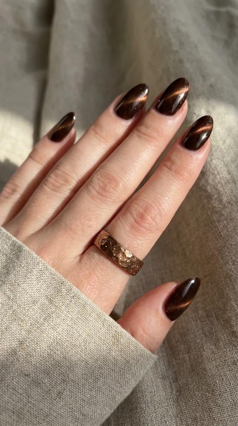 Mocha brown cat eye nails with bronze magnetic shimmer and glossy salon-quality finish