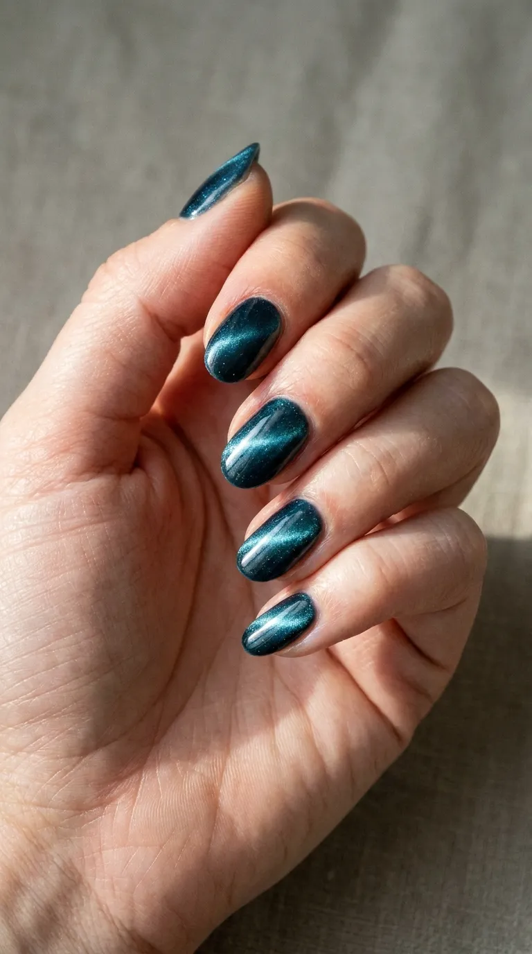 Hand with glossy magnetic cat eye gel nails featuring luminous velvet shimmer on almond-shaped nails