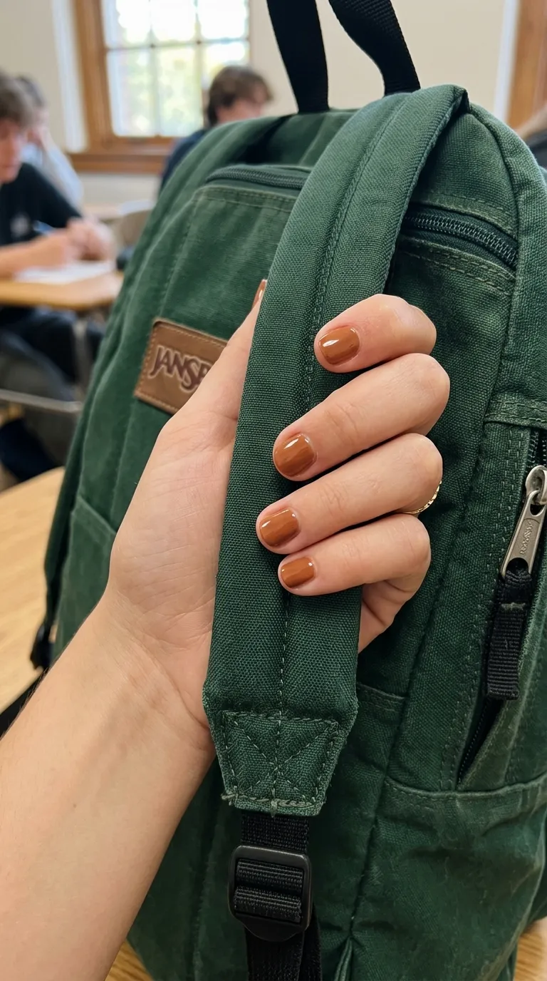 Cinnamon brown short back to school nails 2026