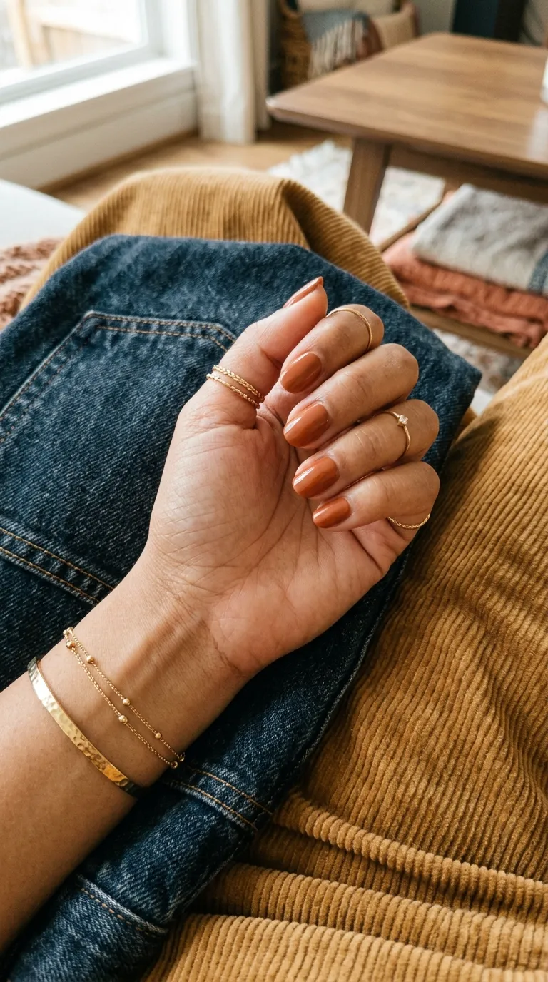 Fall-toned nails paired with denim outfit