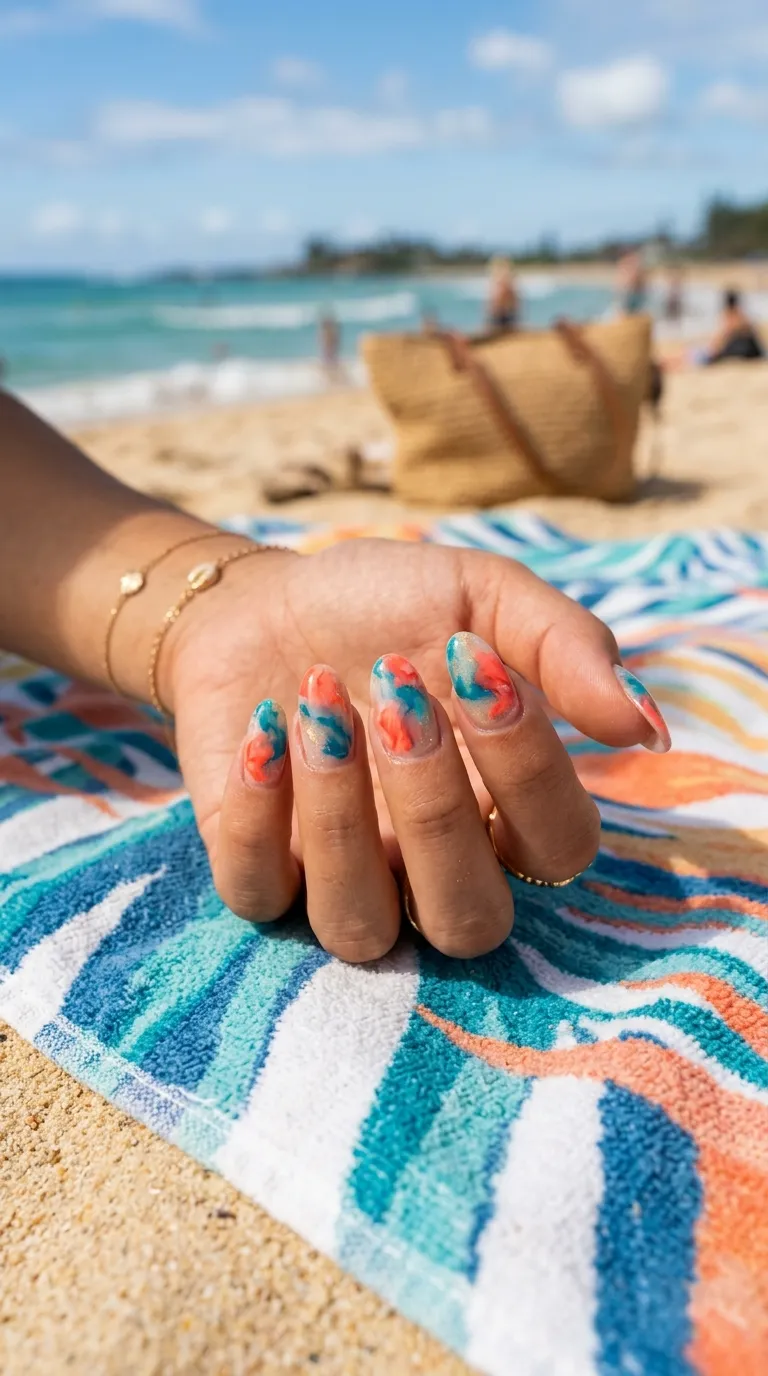summer blooming gel nails coral design