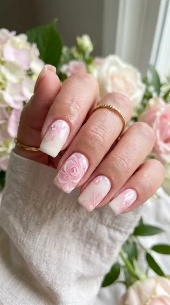 blooming gel nails floral design close-up