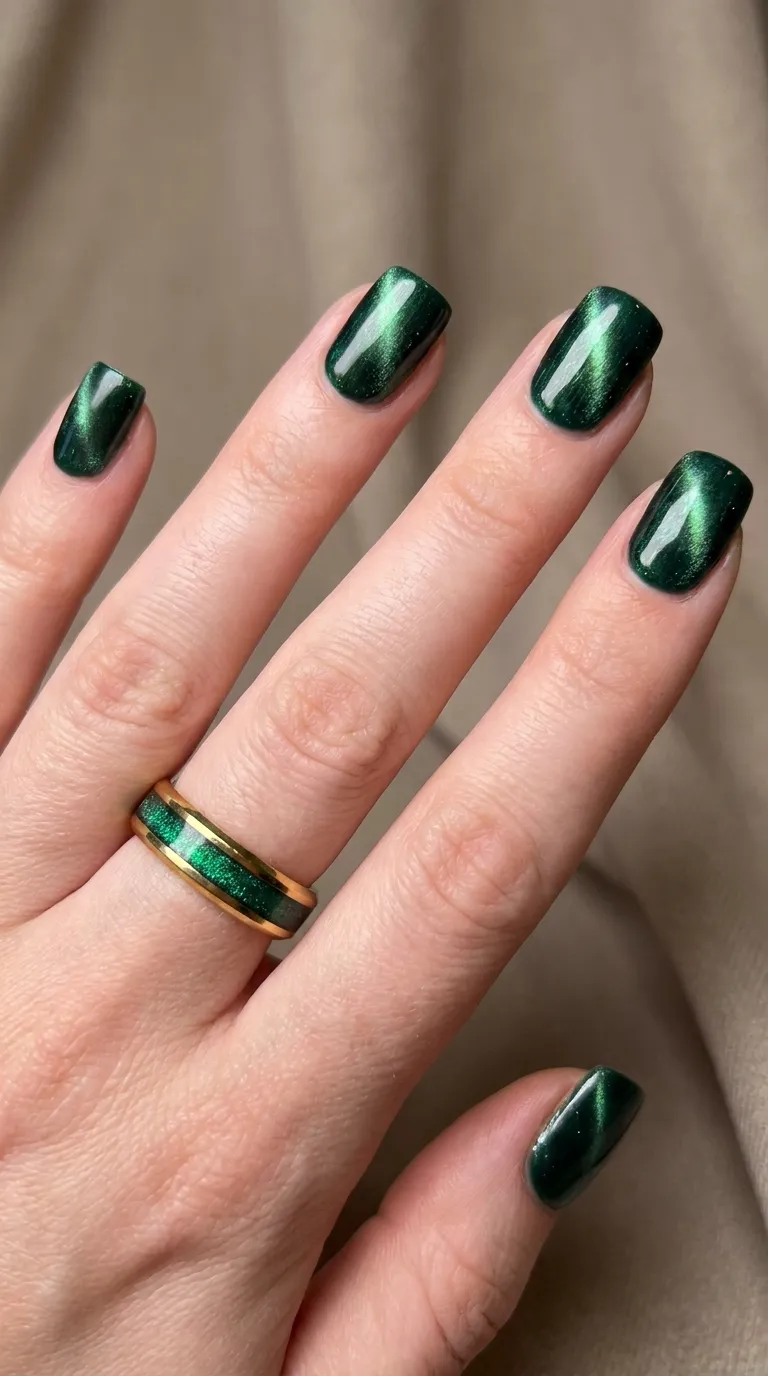 Emerald green cat eye nails with radiant magnetic velvet shimmer and glossy gel finish