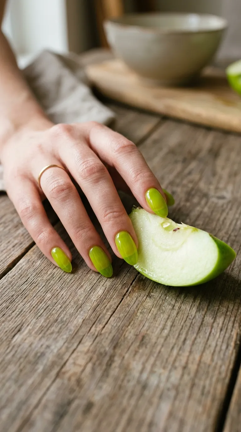 Lime green gummy nails styled with fruit