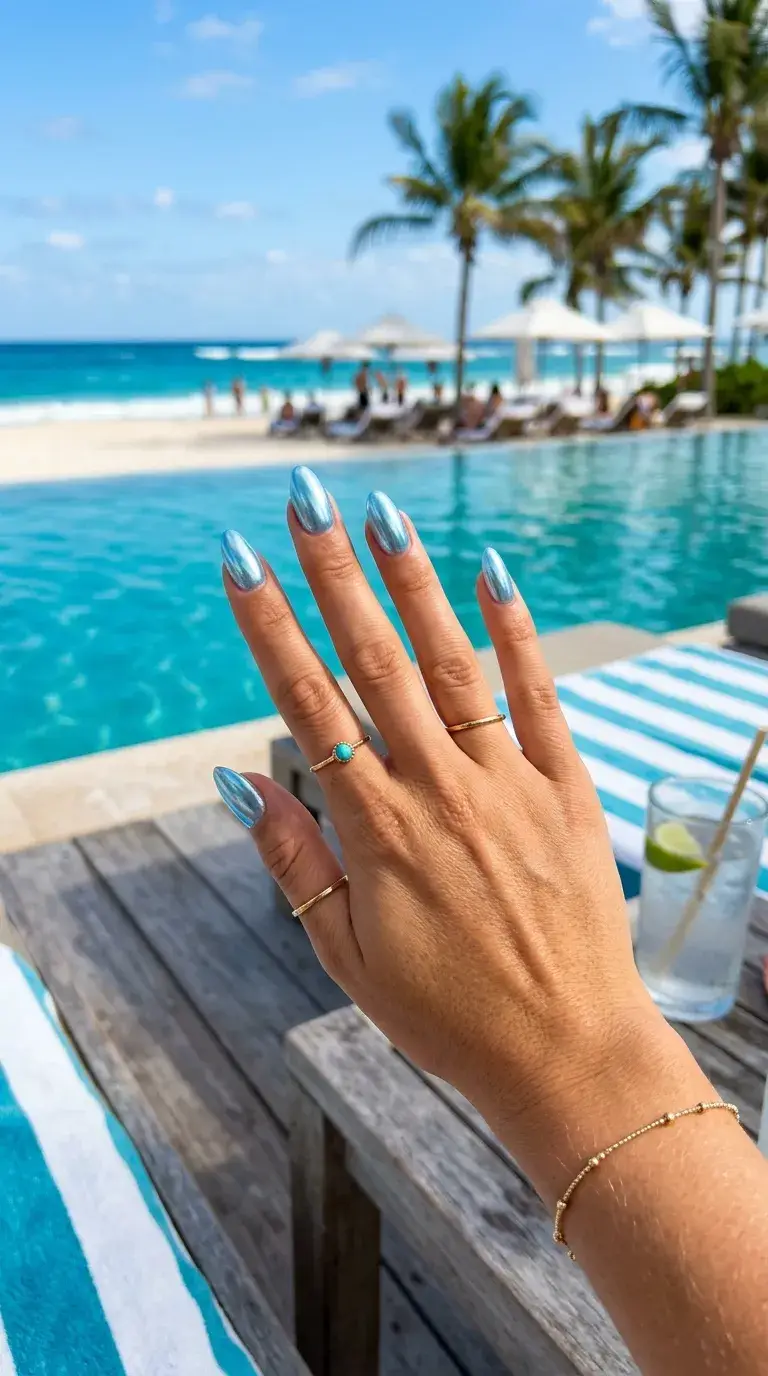 Hand with icy blue chrome nails