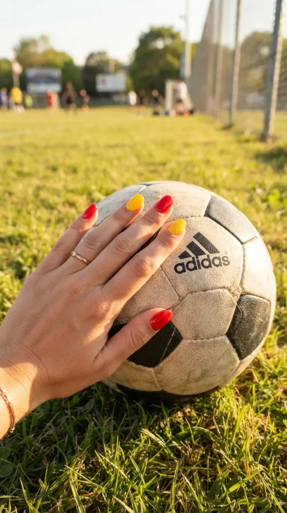 Red and yellow Spain nails resting near a soccer ball