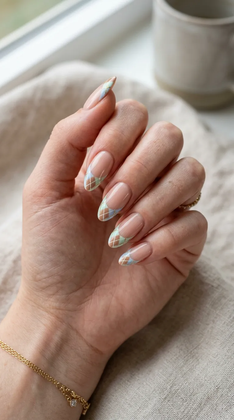 plaid nails pastel argyle french tips