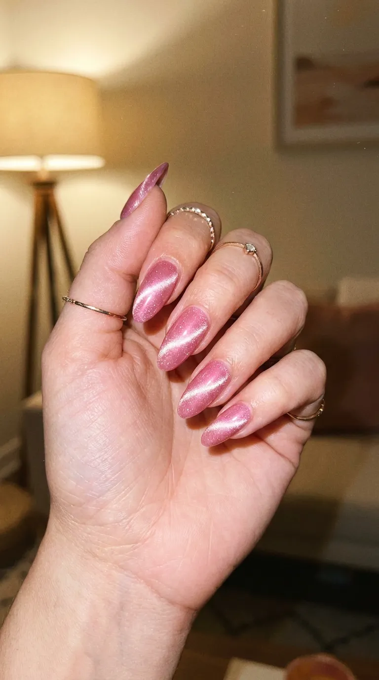 Hand with soft blush pink cat eye nails featuring a luminous magnetic velvet shimmer and glossy gel finish