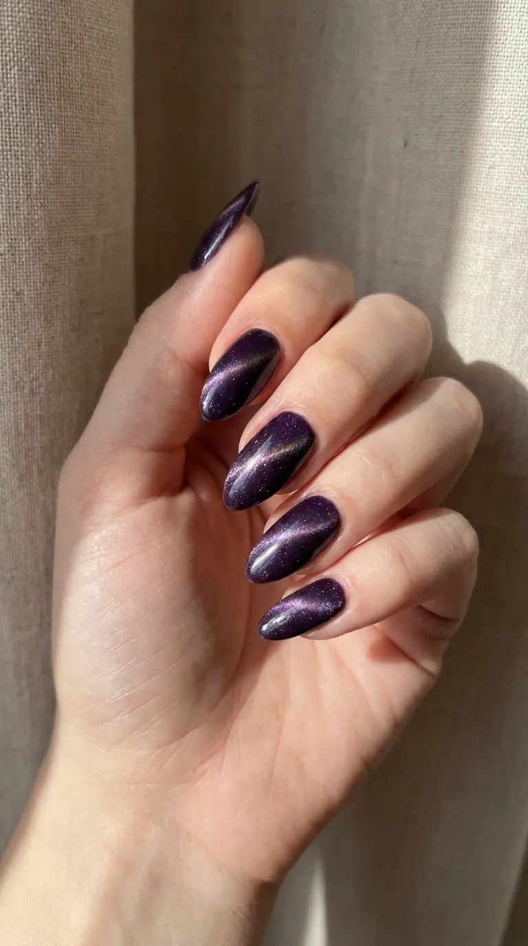 Amethyst purple cat eye nails with glowing magnetic velvet shimmer and glossy gel finish