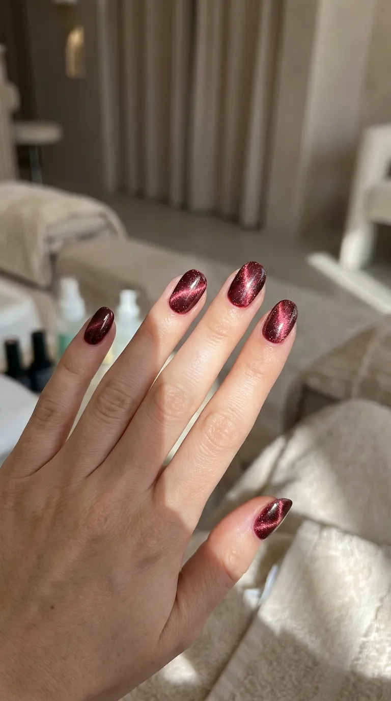 Glossy ruby red cat eye nails with luxurious magnetic velvet reflections on almond-shaped nails