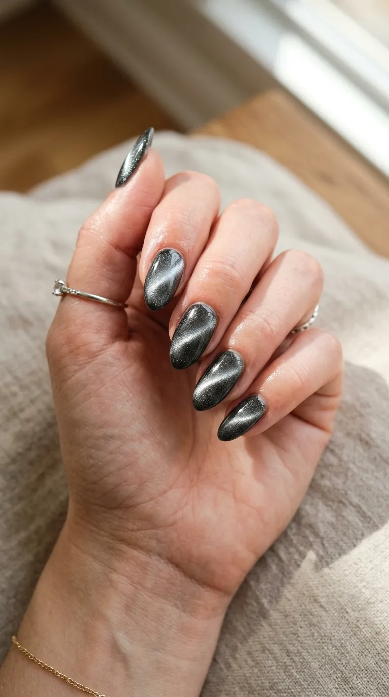 Silver cat eye nails with brilliant chrome magnetic shimmer and mirror-like glossy finish