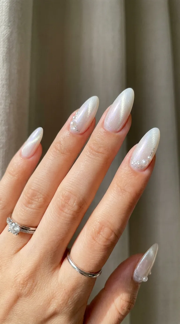 Pearl white cat eye nails with soft iridescent magnetic shimmer and glossy almond-shaped manicure