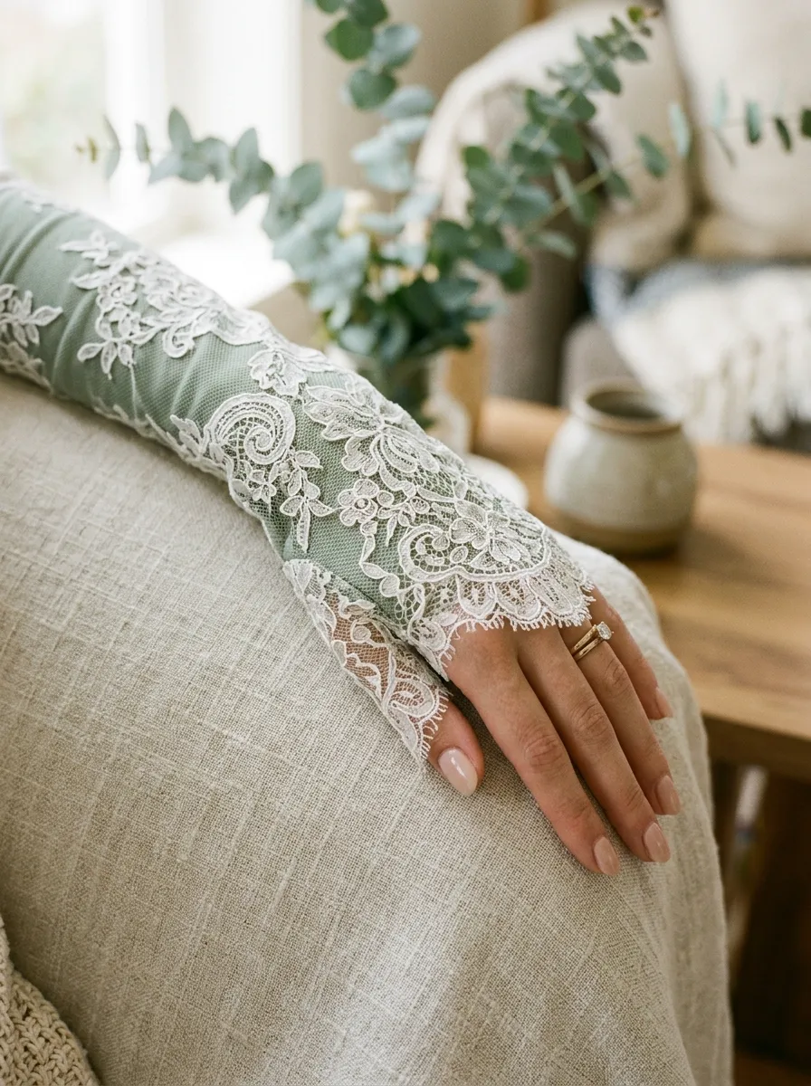 sage green doily nails cottagecore manicure